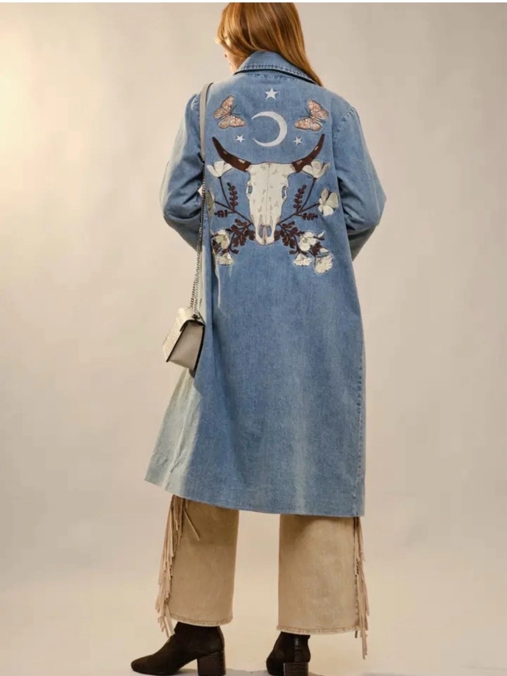 Blue B Embroidered Light Blue Denim Long Jean Jacket